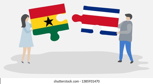 Couple holding two puzzles pieces with Ghanaian and Costa Rican flags. Ghana and Costa Rica national symbols together.