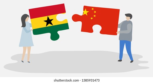 Couple holding two puzzles pieces with Ghanaian and Chinese flags. Ghana and China national symbols together.
