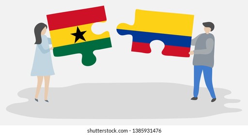 Couple holding two puzzles pieces with Ghanaian and Colombian flags. Ghana and Colombia national symbols together.