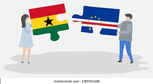 Couple holding two puzzles pieces with Ghanaian and Cabo Verdean flags. Ghana and Cape Verde national symbols together.