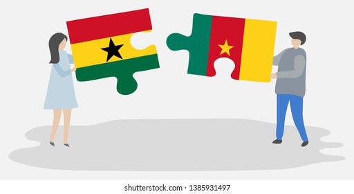 Couple holding two puzzles pieces with Ghanaian and Cameroonian flags. Ghana and Cameroon national symbols together.