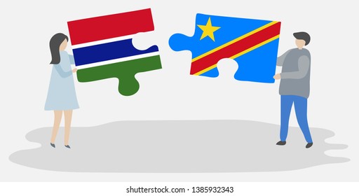 Couple holding two puzzles pieces with Gambian and Congolese flags. Gambia and Democratic Republic of the Congo national symbols together.