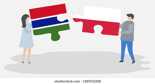 Couple holding two puzzles pieces with Gambian and Polish flags. Gambia and Poland national symbols together.