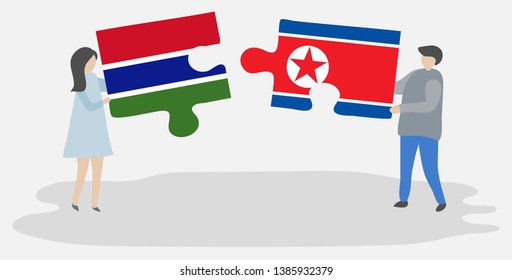 Couple holding two puzzles pieces with Gambian and North Korean flags. Gambia and North Korea national symbols together.