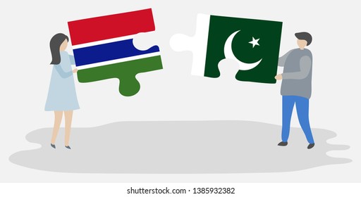 Couple holding two puzzles pieces with Gambian and Pakistani flags. Gambia and Pakistan national symbols together.