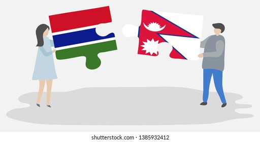 Couple holding two puzzles pieces with Gambian and Nepalese flags. Gambia and Nepal national symbols together.