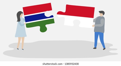Couple holding two puzzles pieces with Gambian and Monegasque flags. Gambia and Monaco national symbols together.
