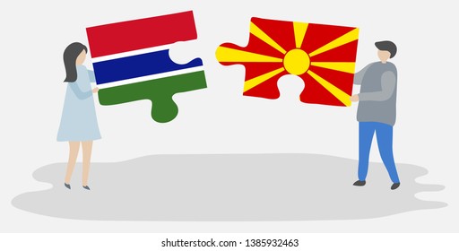 Couple holding two puzzles pieces with Gambian and Macedonian flags. Gambia and Macedonia national symbols together.