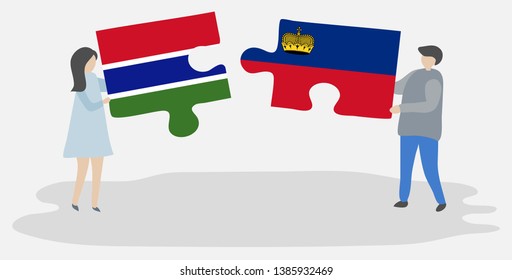 Couple holding two puzzles pieces with Gambian and Liechtenstein flags. Gambia and Liechtenstein national symbols together.
