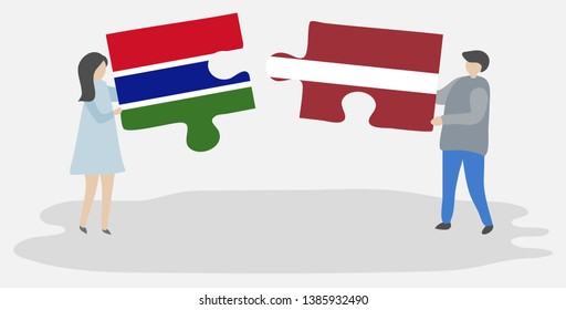 Couple holding two puzzles pieces with Gambian and Latvian flags. Gambia and Latvia national symbols together.