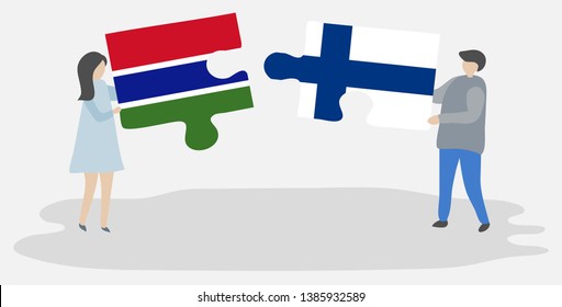 Couple holding two puzzles pieces with Gambian and Finnish flags. Gambia and Finland national symbols together.