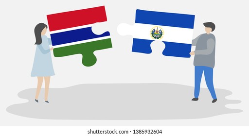 Couple holding two puzzles pieces with Gambian and Salvadoran flags. Gambia and El Salvador national symbols together.