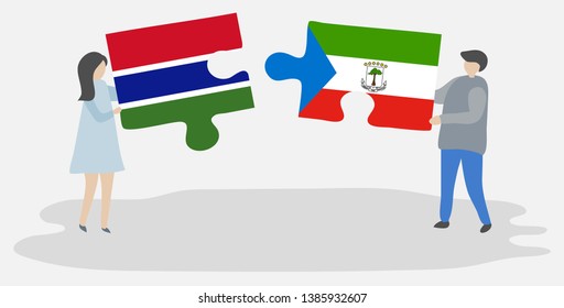 Couple holding two puzzles pieces with Gambian and Equatorial Guinean flags. Gambia and Equatorial Guinea national symbols together.