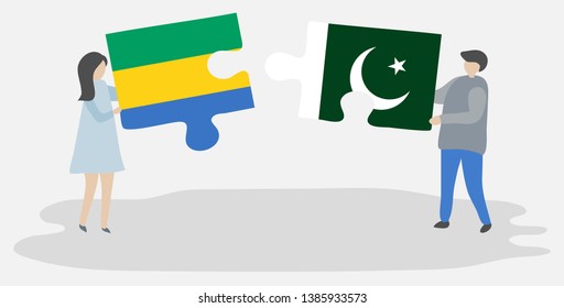 Couple holding two puzzles pieces with Gabonese and Pakistani flags. Gabon and Pakistan national symbols together.