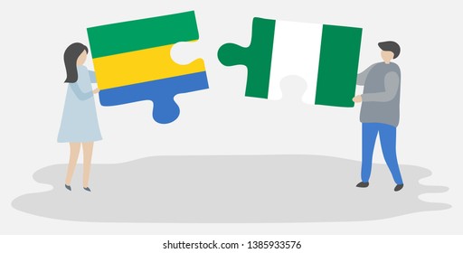 Couple holding two puzzles pieces with Gabonese and Nigerian flags. Gabon and Nigeria national symbols together.