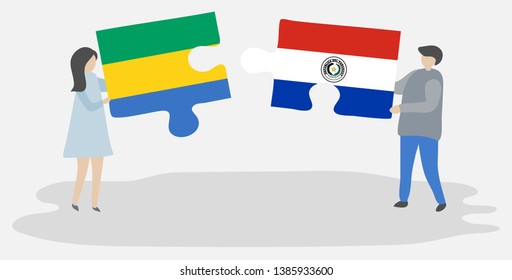 Couple holding two puzzles pieces with Gabonese and Paraguayan flags. Gabon and Paraguay national symbols together.