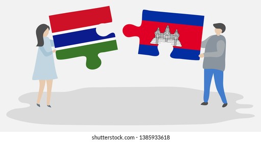 Couple holding two puzzles pieces with Gambian and Cambodian flags. Gambia and Cambodia national symbols together.