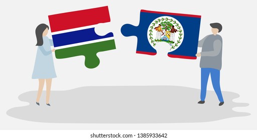 Couple holding two puzzles pieces with Gambian and Belizean flags. Gambia and Belize national symbols together.