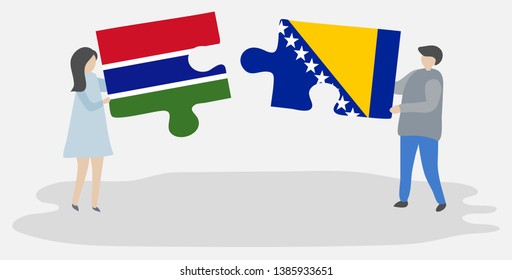 Couple holding two puzzles pieces with Gambian and Bosnian flags. Gambia and Bosnia and Herzegovina national symbols together.