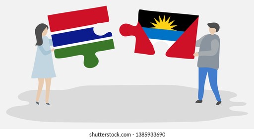 Couple holding two puzzles pieces with Gambian and Antiguan flags. Gambia and Antigua and Barbuda national symbols together.
