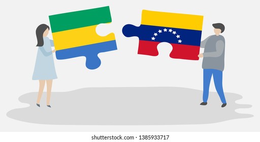 Couple holding two puzzles pieces with Gabonese and Venezuelan flags. Gabon and Venezuela national symbols together.