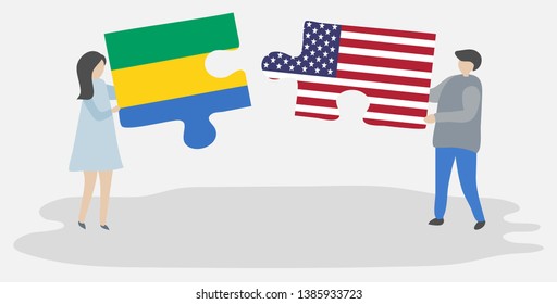 Couple holding two puzzles pieces with Gabonese and American flags. Gabon and United States of America national symbols together.