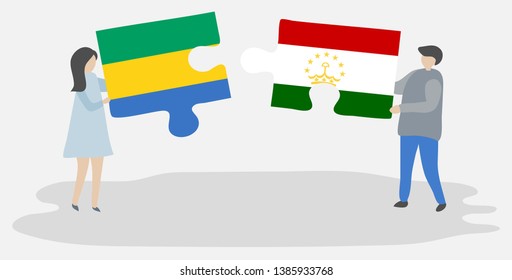 Couple holding two puzzles pieces with Gabonese and Tajikistani flags. Gabon and Tajikistan national symbols together.