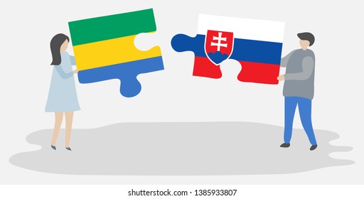 Couple holding two puzzles pieces with Gabonese and Slovak flags. Gabon and Slovakia national symbols together.