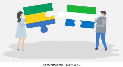 Couple holding two puzzles pieces with Gabonese and Sierra Leonean flags. Gabon and Sierra Leone national symbols together.