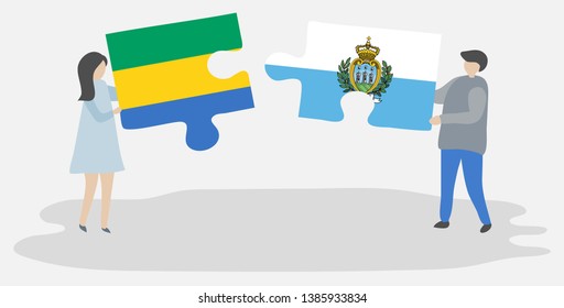 Couple holding two puzzles pieces with Gabonese and Sammarinese flags. Gabon and San Marino national symbols together.