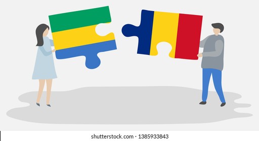 Couple holding two puzzles pieces with Gabonese and Romanian flags. Gabon and Romania national symbols together.