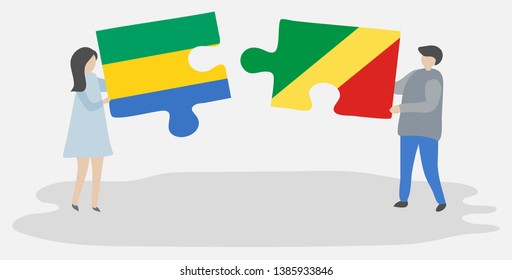 Couple holding two puzzles pieces with Gabonese and Congolese flags. Gabon and Republic of the Congo national symbols together.