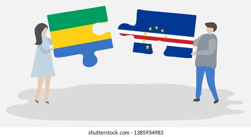 Couple holding two puzzles pieces with Gabonese and Cabo Verdean flags. Gabon and Cape Verde national symbols together.