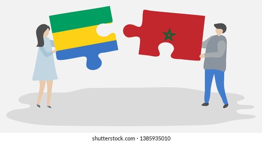 Couple holding two puzzles pieces with Gabonese and Moroccan flags. Gabon and Morocco national symbols together.