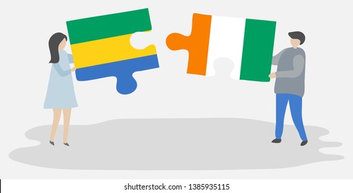 Couple holding two puzzles pieces with Gabonese and Ivorian flags. Gabon and Ivory Coast national symbols together.