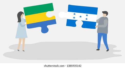 Couple holding two puzzles pieces with Gabonese and Honduran flags. Gabon and Honduras national symbols together.
