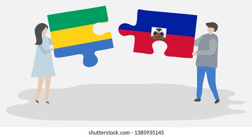 Couple holding two puzzles pieces with Gabonese and Haitian flags. Gabon and Haiti national symbols together.