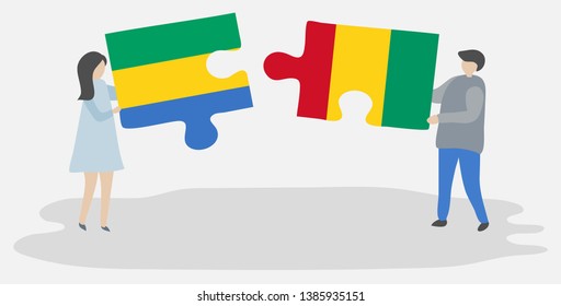 Couple holding two puzzles pieces with Gabonese and Guinean flags. Gabon and Guinea national symbols together.
