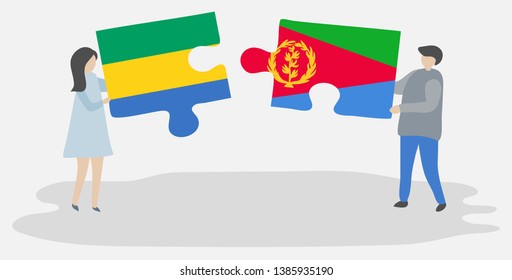 Couple holding two puzzles pieces with Gabonese and Eritrean flags. Gabon and Eritrea national symbols together.