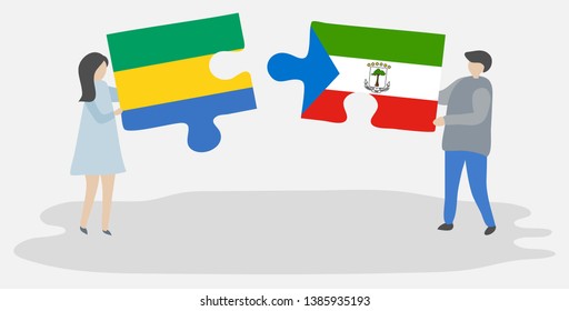 Couple holding two puzzles pieces with Gabonese and Equatorial Guinean flags. Gabon and Equatorial Guinea national symbols together.