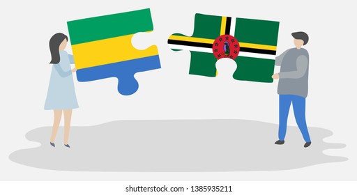 Couple holding two puzzles pieces with Gabonese and Dominican flags. Gabon and Dominica national symbols together.