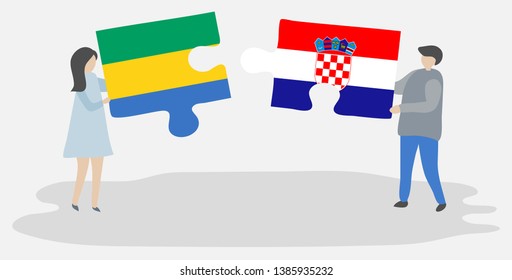 Couple holding two puzzles pieces with Gabonese and Croatian flags. Gabon and Croatia national symbols together.