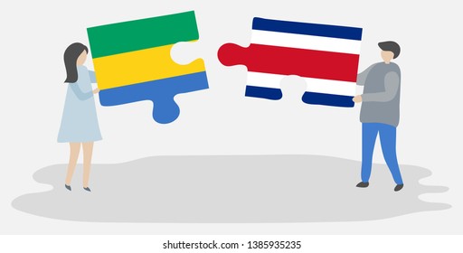 Couple holding two puzzles pieces with Gabonese and Costa Rican flags. Gabon and Costa Rica national symbols together.