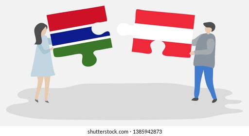 Couple holding two puzzles pieces with Gambian and Austrian flags. Gambia and Austria national symbols together.
