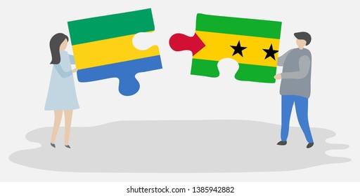 Couple holding two puzzles pieces with Gabonese and Sao Tomean flags. Gabon and Sao Tome and Principe national symbols together.