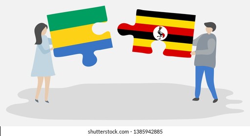 Couple holding two puzzles pieces with Gabonese and Ugandan flags. Gabon and Uganda national symbols together.