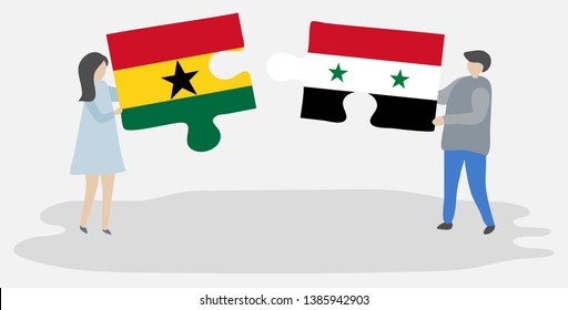 Couple holding two puzzles pieces with Ghanaian and Syrian flags. Ghana and Syria national symbols together.
