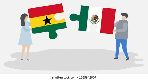 Couple holding two puzzles pieces with Ghanaian and Mexican flags. Ghana and Mexico national symbols together.