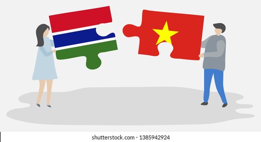 Couple holding two puzzles pieces with Gambian and Vietnamese flags. Gambia and Vietnam national symbols together.
