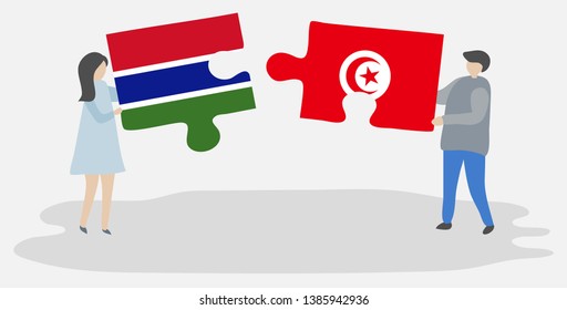 Couple holding two puzzles pieces with Gambian and Tunisian flags. Gambia and Tunisia national symbols together.